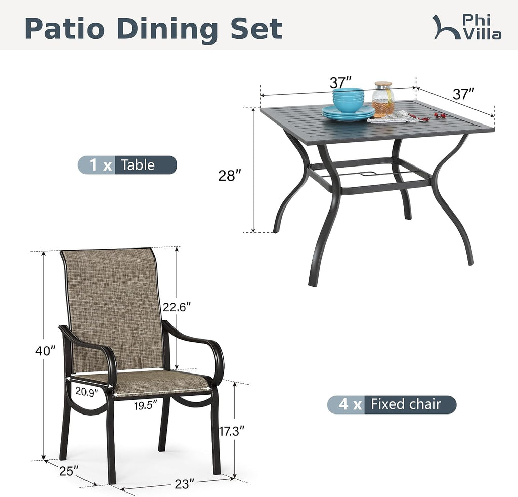 PHI VILLA Patio Dining Set for 4 Person,Square Metal Slat Table with Umbrella Holes and 4 High Back Fixed Chairs All Weather Outdoor Table and Chairs Set for Deck Garden Yard