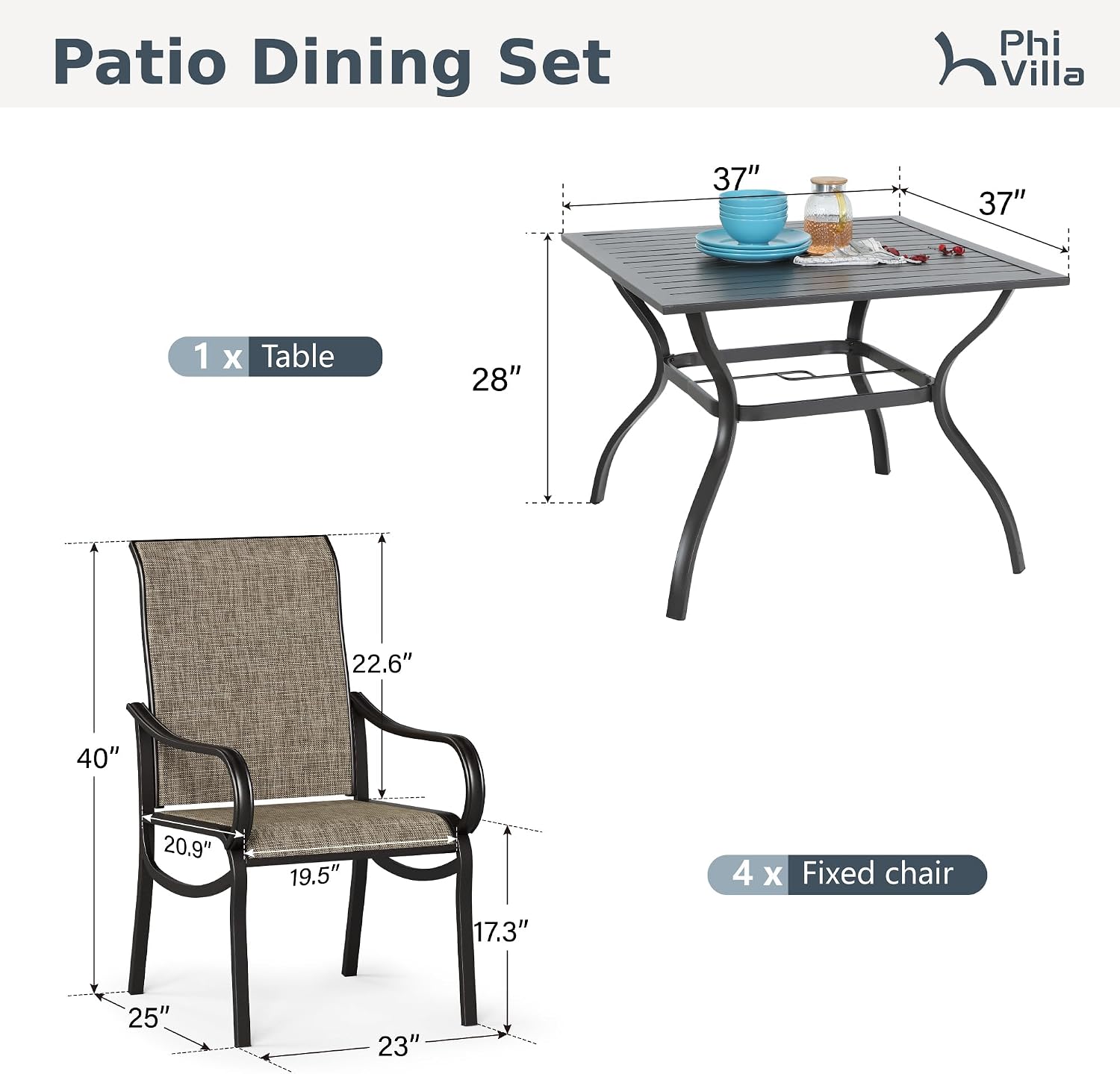 PHI VILLA Patio Dining Set for 4 Person,Square Metal Slat Table with Umbrella Holes and 4 High Back Fixed Chairs All Weather Outdoor Table and Chairs Set for Deck Garden Yard