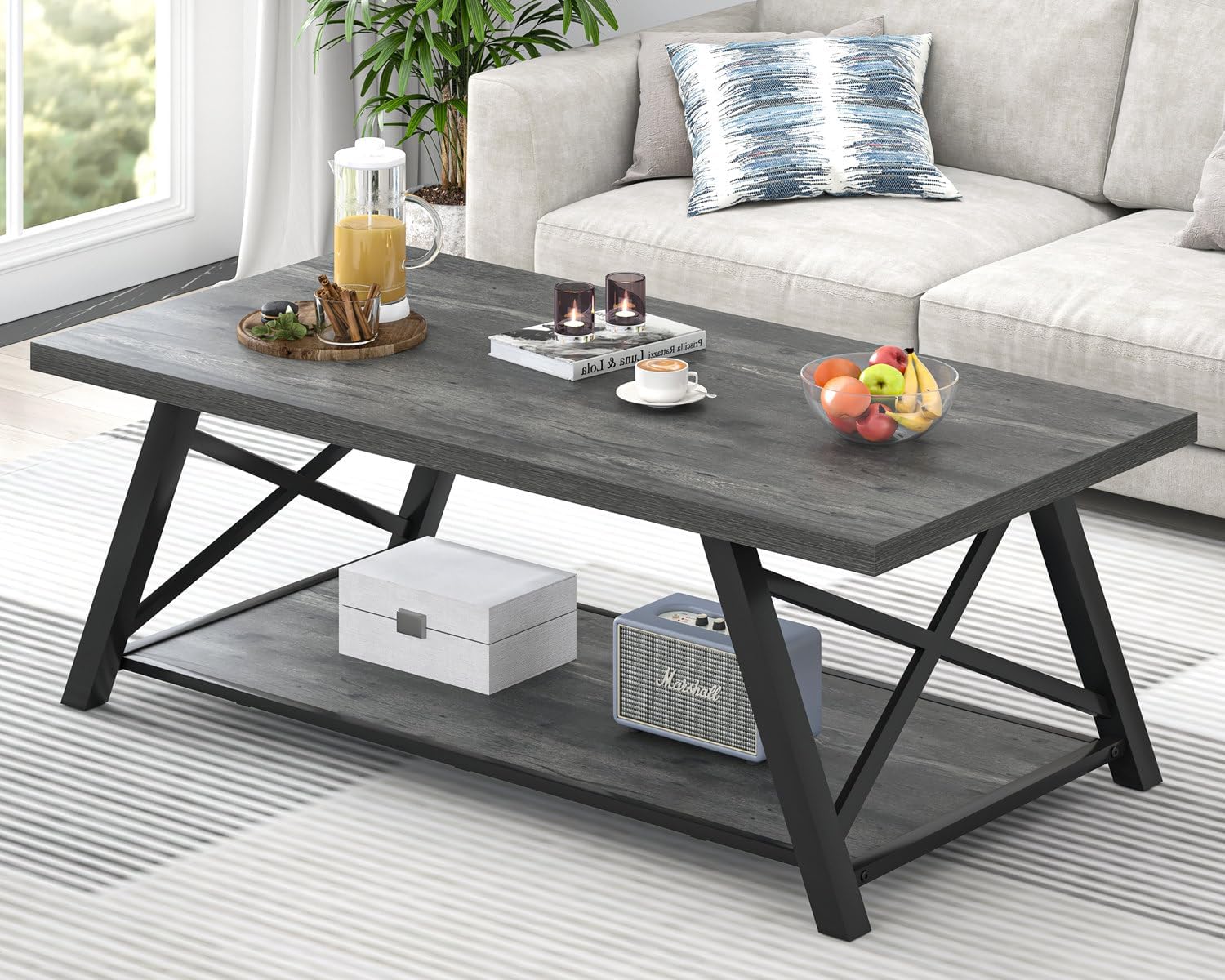 EXCEFUR Coffee Table, Industrial Wood and Metal Center Table for Living Room, Rectangle Cocktail Tea Table with Storage Shelf, Rustic Grey, 47 Inch
