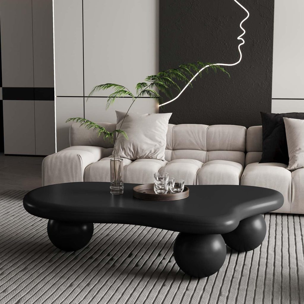 47' Modern Black Coffee Table Cloud Shape Low Center Table Cute Irregular Indoor Tea Table with 3 Ball Legs for Living Room Small Space
