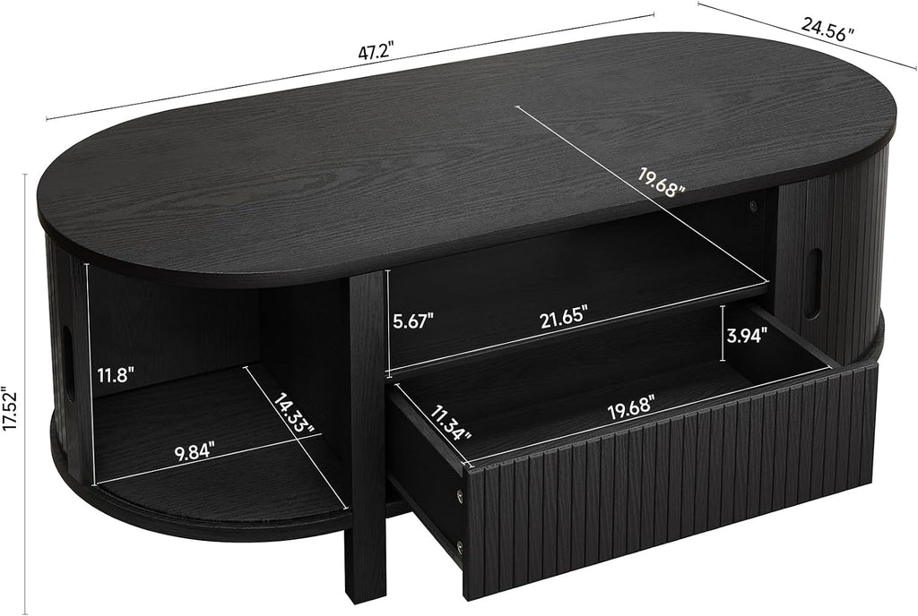 ONBRILL 47.2 Inch Oval Coffee Table with Storage, Mid Century Modern Coffee Table with Drawer, Center Table with Sliding Door and Wood Fluted Handle for Living Room, Black