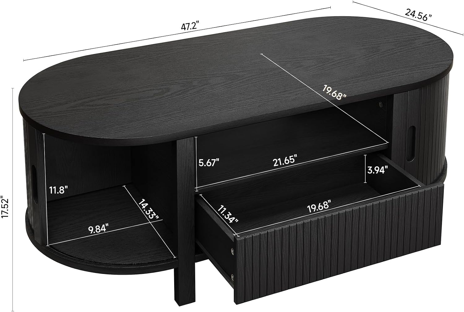 ONBRILL 47.2 Inch Oval Coffee Table with Storage, Mid Century Modern Coffee Table with Drawer, Center Table with Sliding Door and Wood Fluted Handle for Living Room, Black