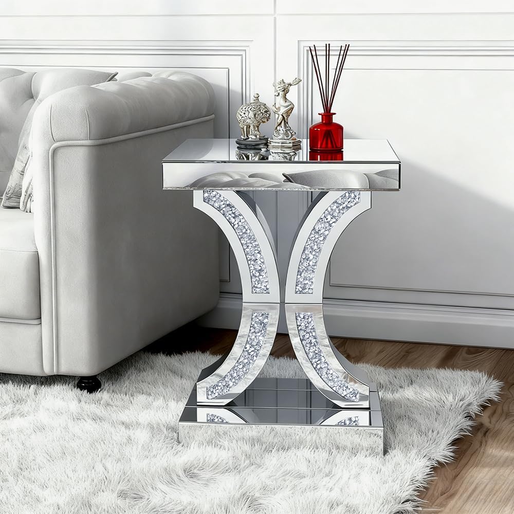 Crushed Diamond C-Shaped Mirrored End Table, Silver Side Accent Table, Small Mirrored Coffee Table for Living Room, Bedroom, 16'x12'x23'