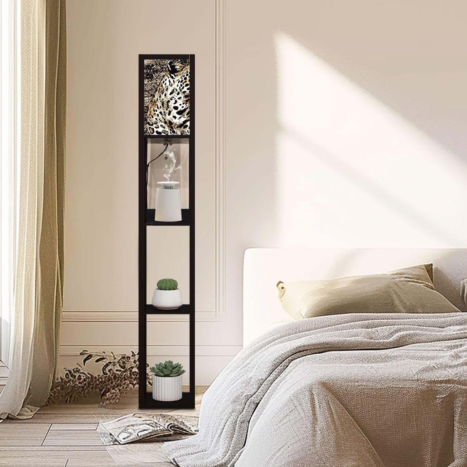 Floor Lamp with Shelves Modern Leopard Animal Zebra Print Leopard Standing Tall Lamp USB Ports & Power Outlet Modern Corner Lamp Nightstand Light for Living Room Bedroom
