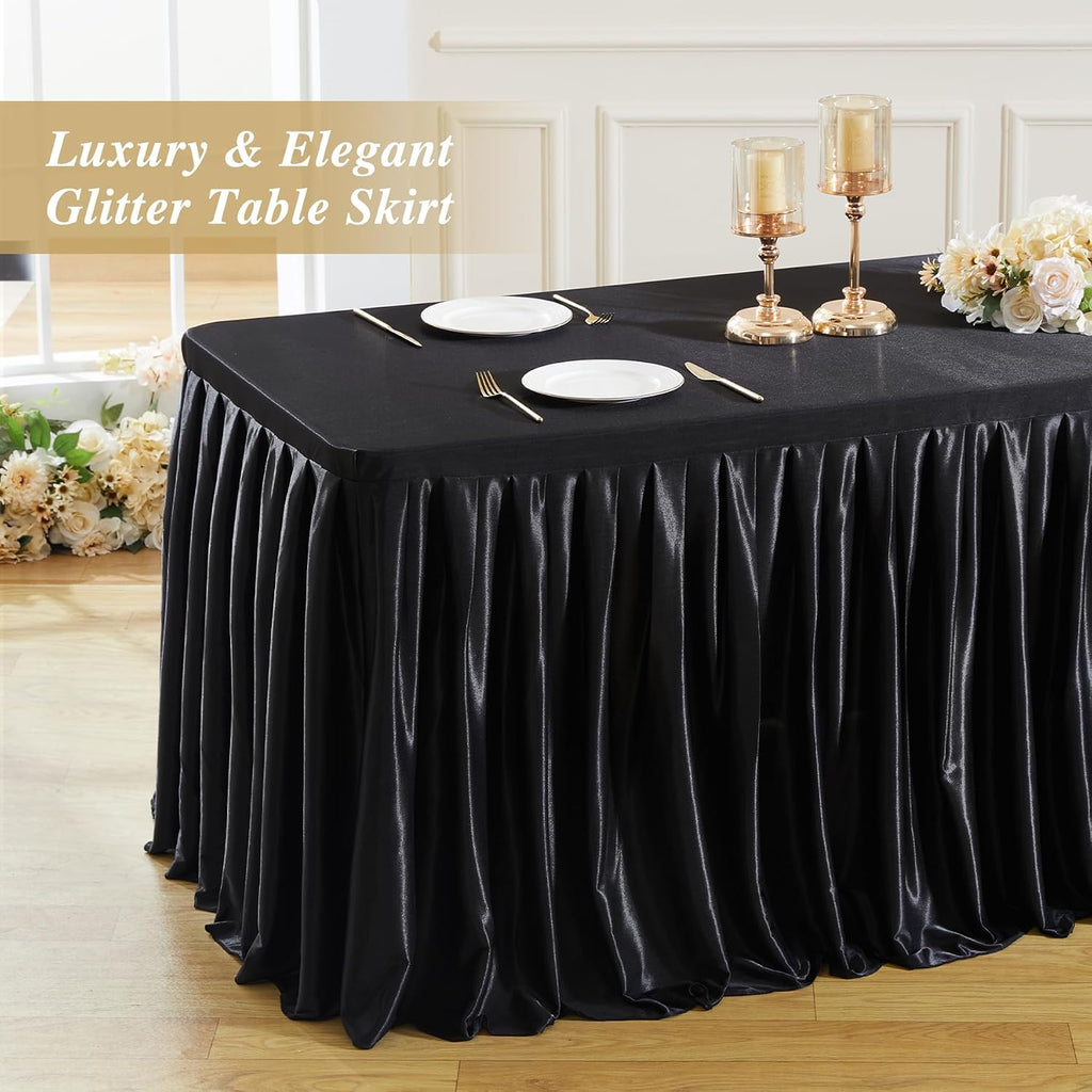 8 Pack 8ft Black Satin Tablecloths Rectangular - Shiny Spandex Party Table Cover with Pleated Table Skirt, No-Wrinkle & Glossy Wedding Tablecloth One-Piece for Birthday Baby Shower Banquet Ceremony