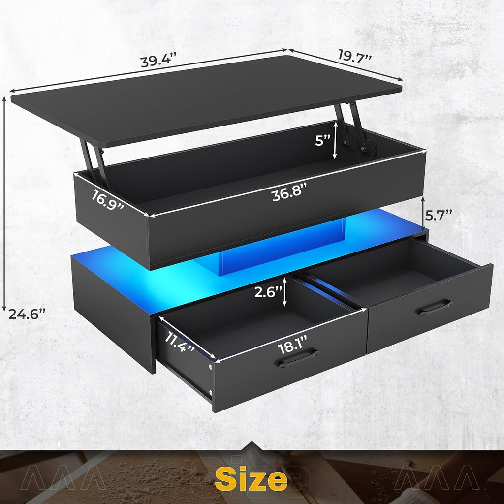 SEDETA 40' Lift Top Coffee Table, Coffee Tables with Storage for Living Room, Small Coffee Table with 2 Drawers & LED Light for Dining Reception Room, Black