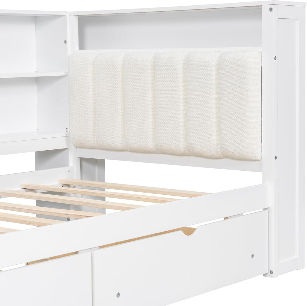 Wood Twin Size Daybed with Storage Shelves and Desk, L-Shaped Corner Platform Bed Frame with Upholstered Headboard and 2 Drawers for Office Living Room Bedroom, Space-saving (White-7.16, Twin)