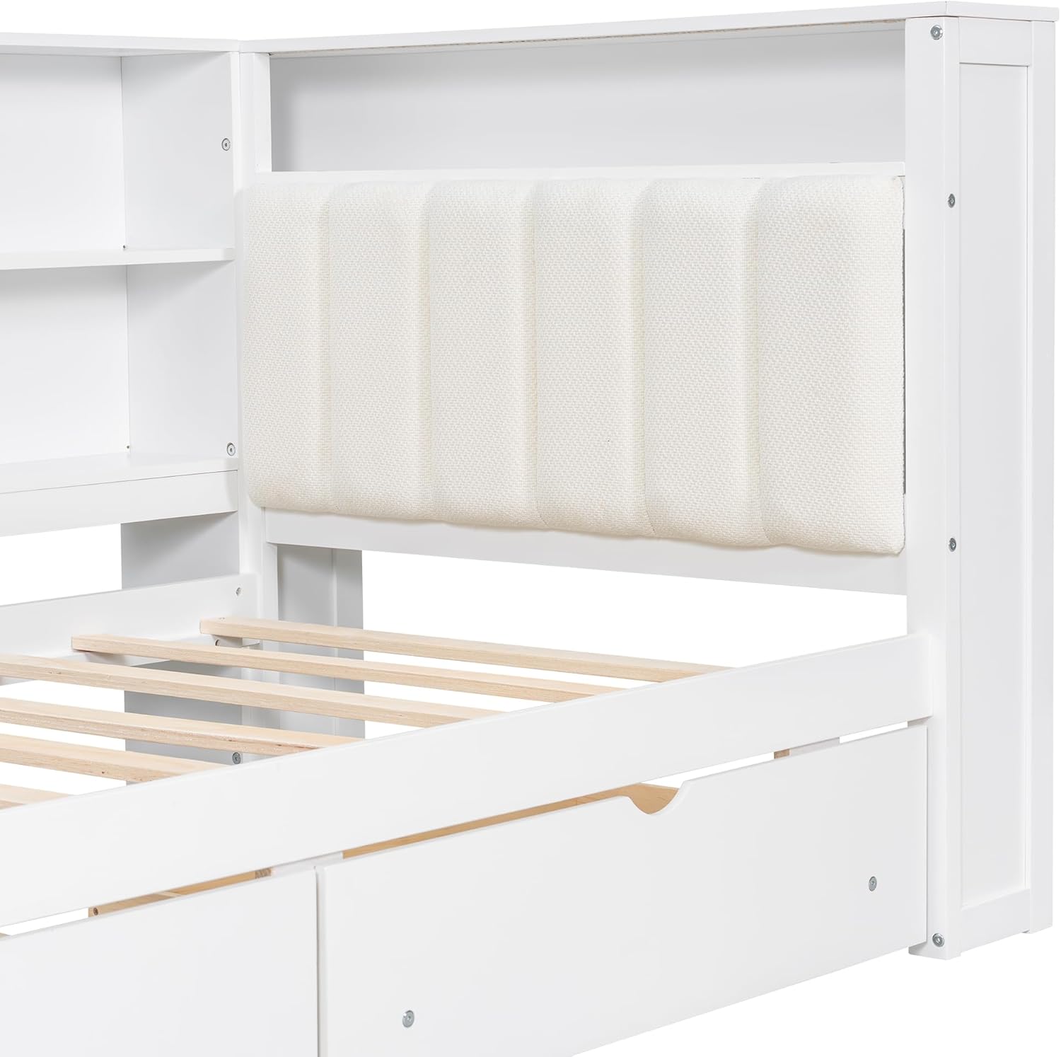 Wood Twin Size Daybed with Storage Shelves and Desk, L-Shaped Corner Platform Bed Frame with Upholstered Headboard and 2 Drawers for Office Living Room Bedroom, Space-saving (White-7.16, Twin)
