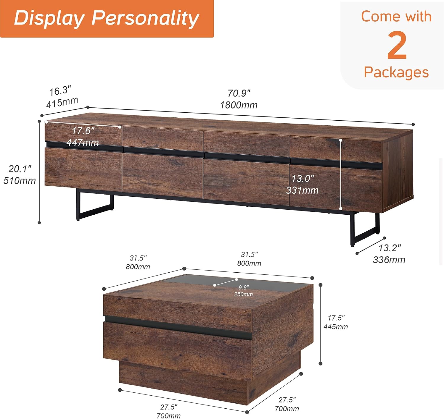 WAMPAT Modern TV Stand and Coffee Table Set of 2, Storage Entertainment Center for TVs Up to 75 inch, Square Center Table with Tempered Glass and Storage Drawers for Living Room, Brown