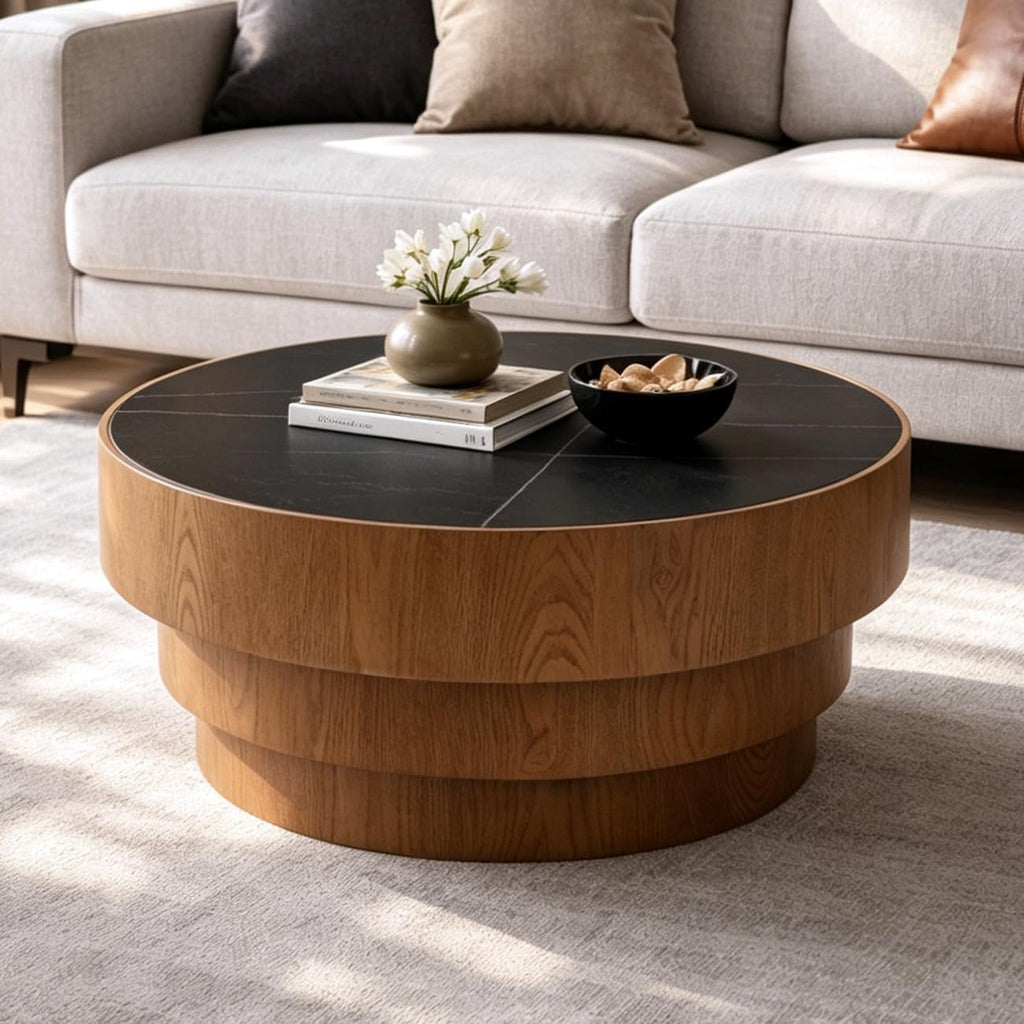 31.5' Round Marble Coffee Table for Living Room, Mid-Century Modern Coffee Table with Black Sintered Stone Top and Stable Wood Pedestal Base, Drum Cocktail Center Tea Tables for Bedroom Apartment