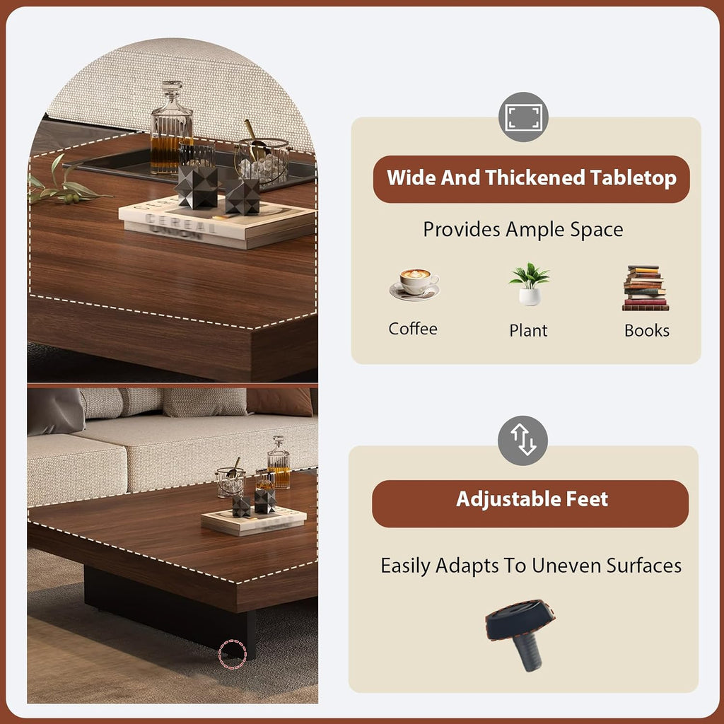 Coffee Table, Solid Wood Farmhouse Coffee Tables with Adjustable Foot Pads, Modern Large Square Center Tables for Living Room Black 31.5'x19.7'x 17.7'