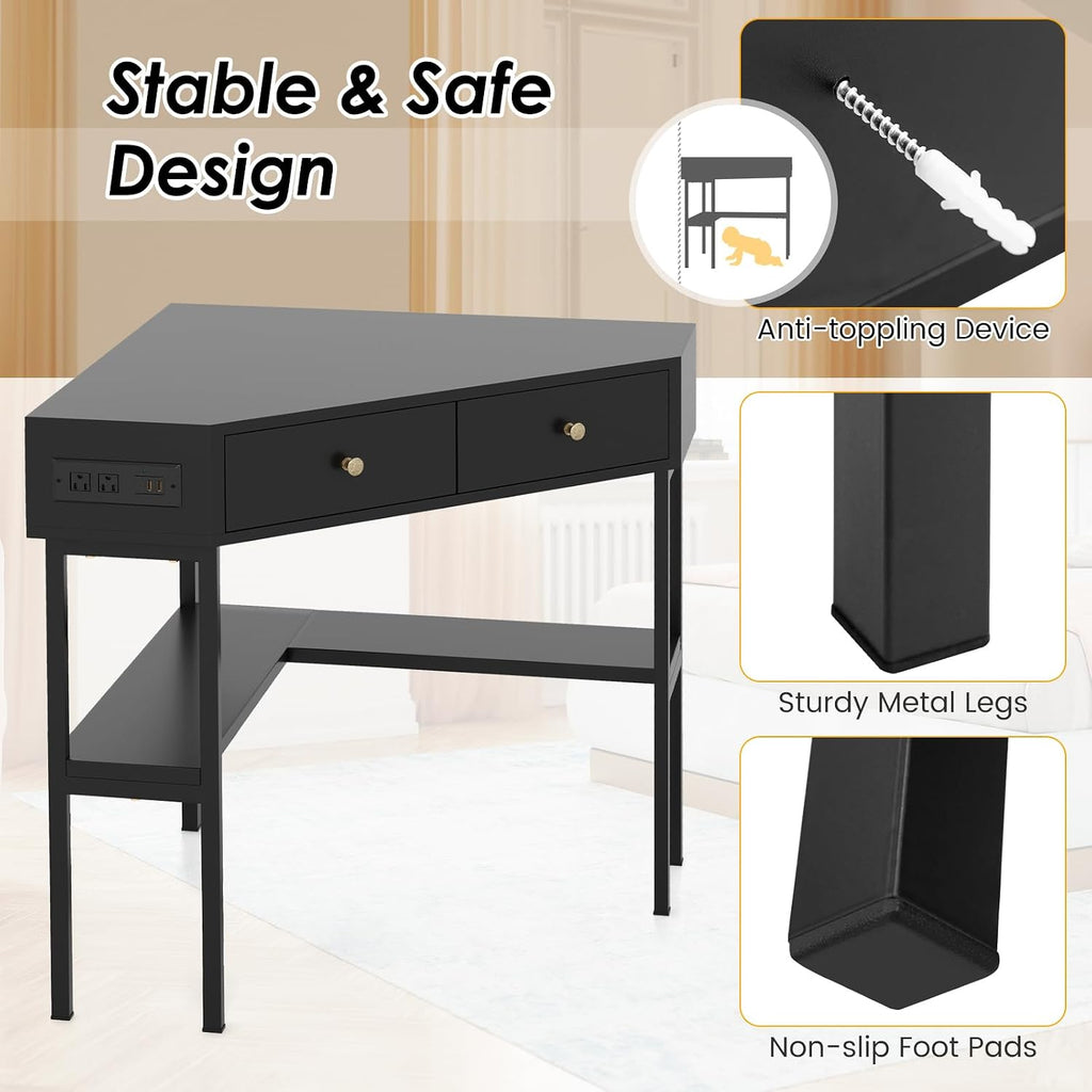 Giantex Corner Desk with Charging Station, 90 Degree Triangle Computer Desk with 2 Drawers & Storage Shelf, L-Shaped Writing Desk Makeup Vanity Table, Compact Corner Desk for Small Spaces (Black)