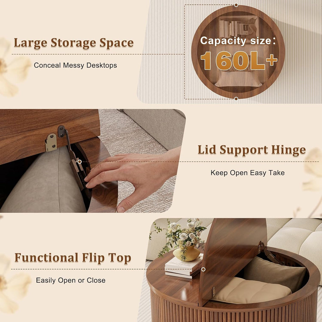 LYNCOHOME 31.5'' Fluted Flip Top Round Coffee Table with Storage, Drum Coffee Table, Modern Coffee Table for Living Room, Center Table for Living Room, Home Office, Dark Brown, Walnut