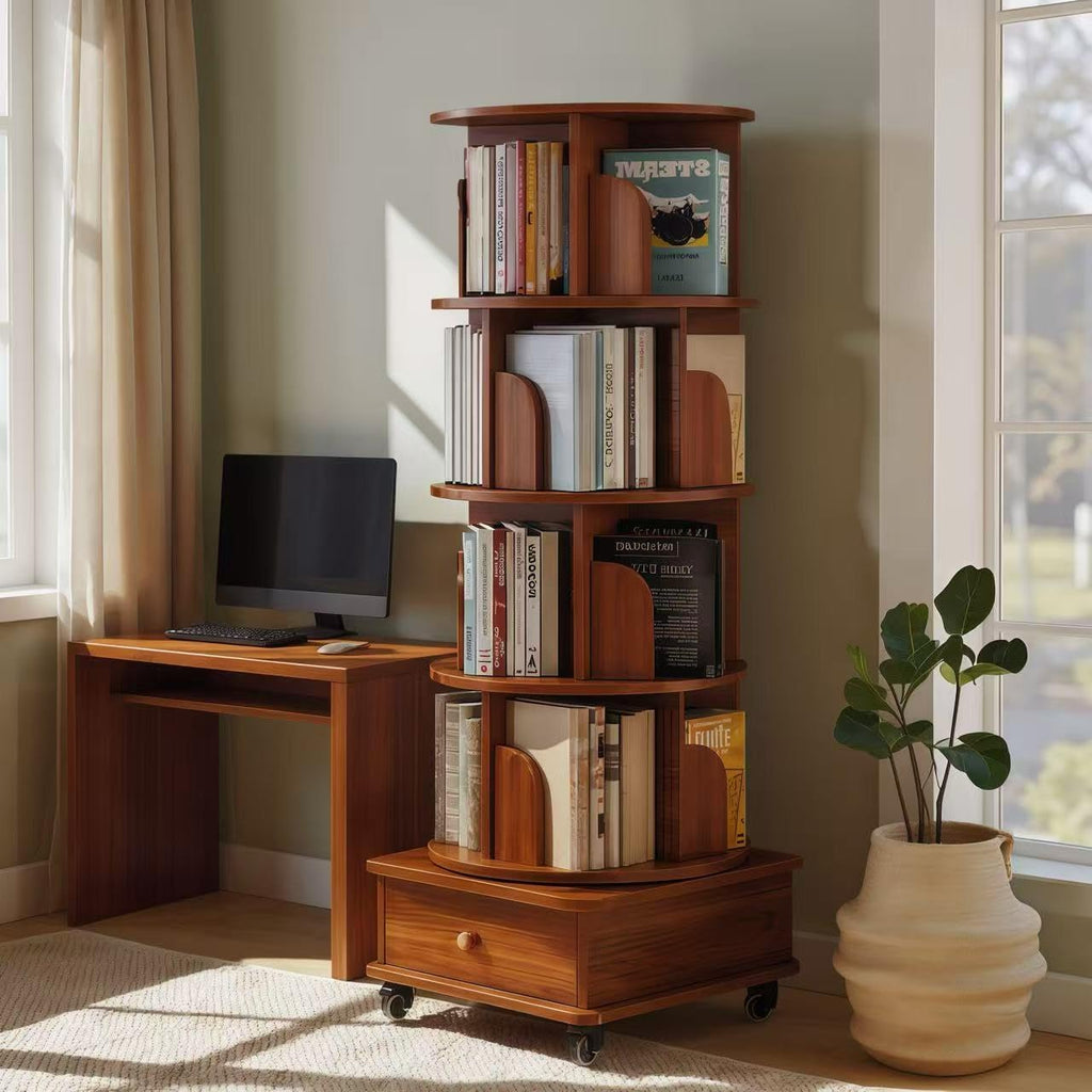 KEIKI 5 Tie Rotating Bookshelf with Drawers On Wheel, Corner Bookcase Display Shelf for Small Space, 360 Display Corner Bookshelf for Bedroom, Living Room, Study Room, Walnut Brown