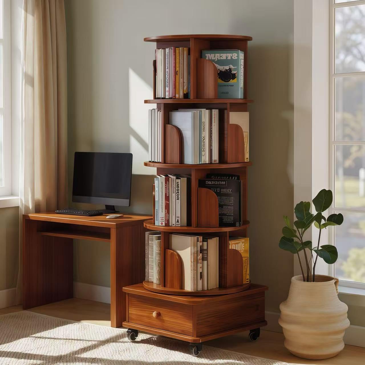 KEIKI 5 Tie Rotating Bookshelf with Drawers On Wheel, Corner Bookcase Display Shelf for Small Space, 360 Display Corner Bookshelf for Bedroom, Living Room, Study Room, Walnut Brown