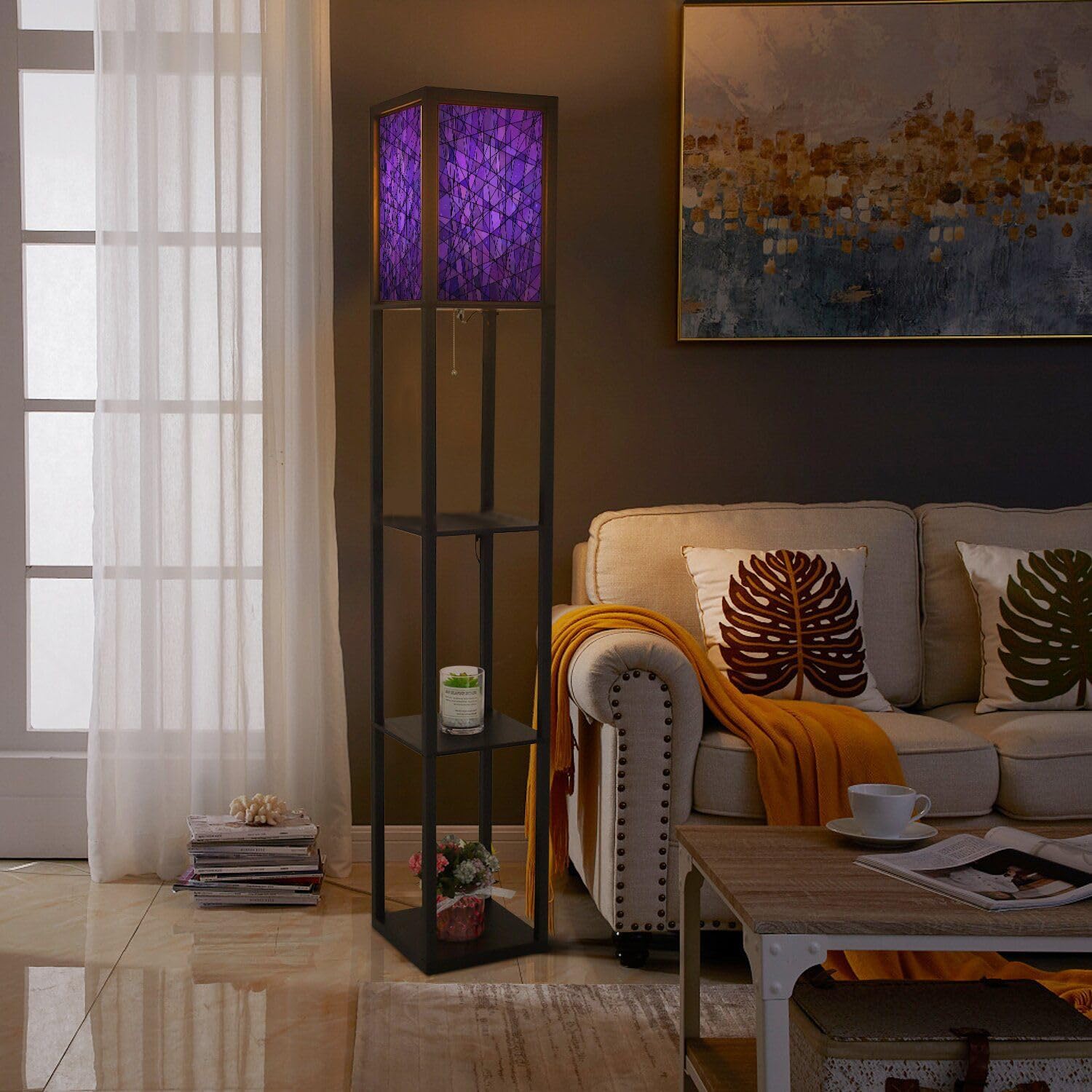 Abstract Stained Glass Mosaic Purple Violet Floor Lamp with Shelves USB Ports & Power Outlet Linen Fabric Shade Corner Standing Lamp for Living Room