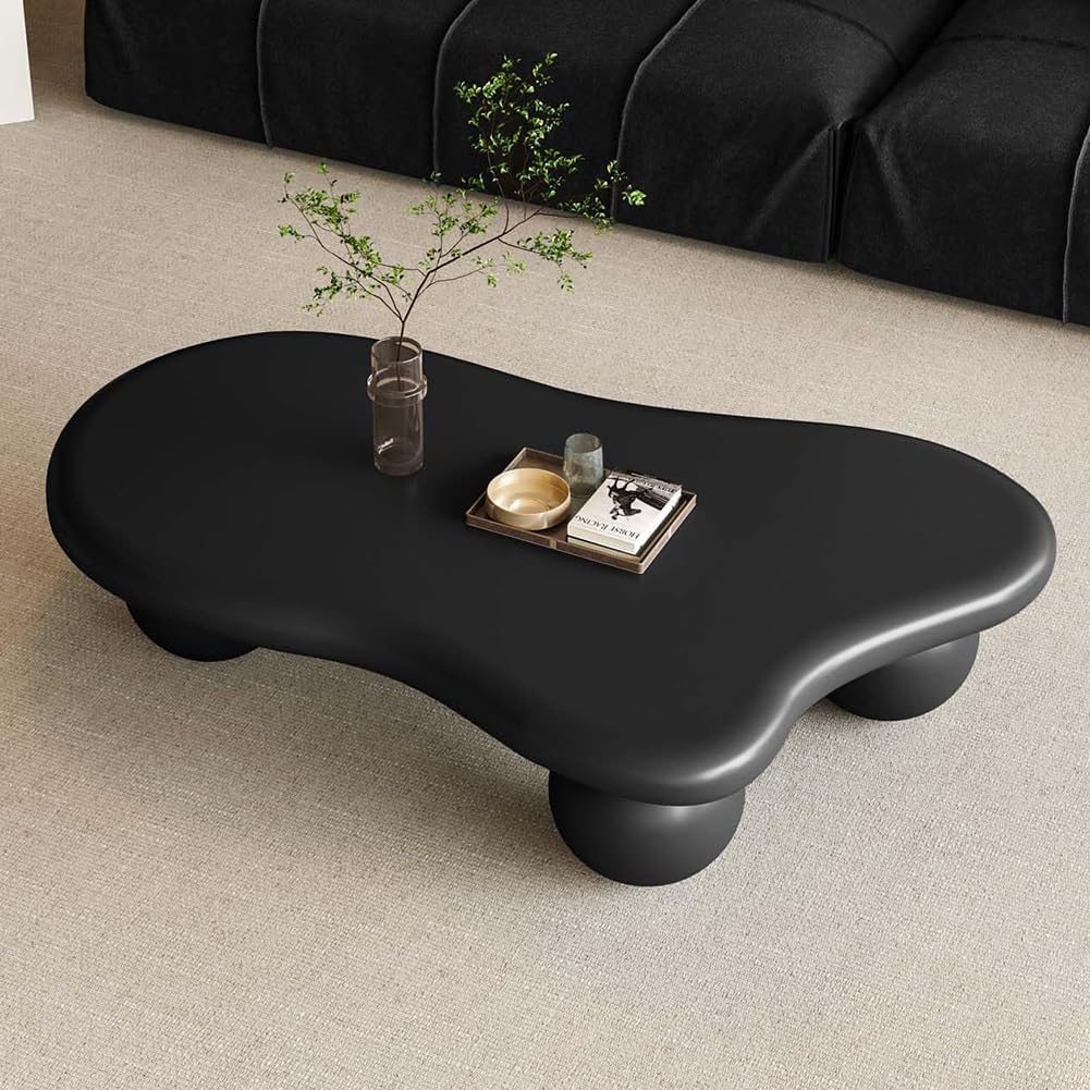 47' Cloud Coffee Table for Living Room Irregular Coffee Table Modern Low Coffee Tables Abstract Faux Stone Cute Center Table with 3 Ball Legs for Small Space Apartment Black