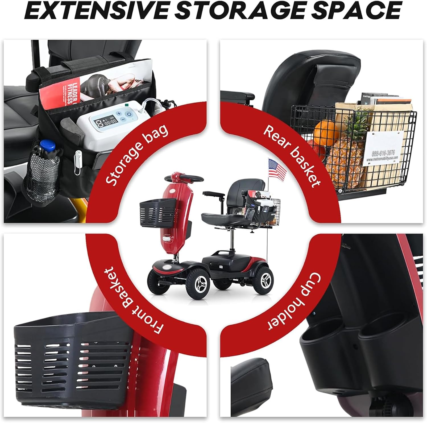 Mobility Scooters for Seniors & Adults 400 Lb Weight All Terrain,Heavy Duty 4 Wheel Foldable Powered Scooter,Portable Disability Mobile Electric Wheelchair,Luxury Seat and w/Led Lights,red