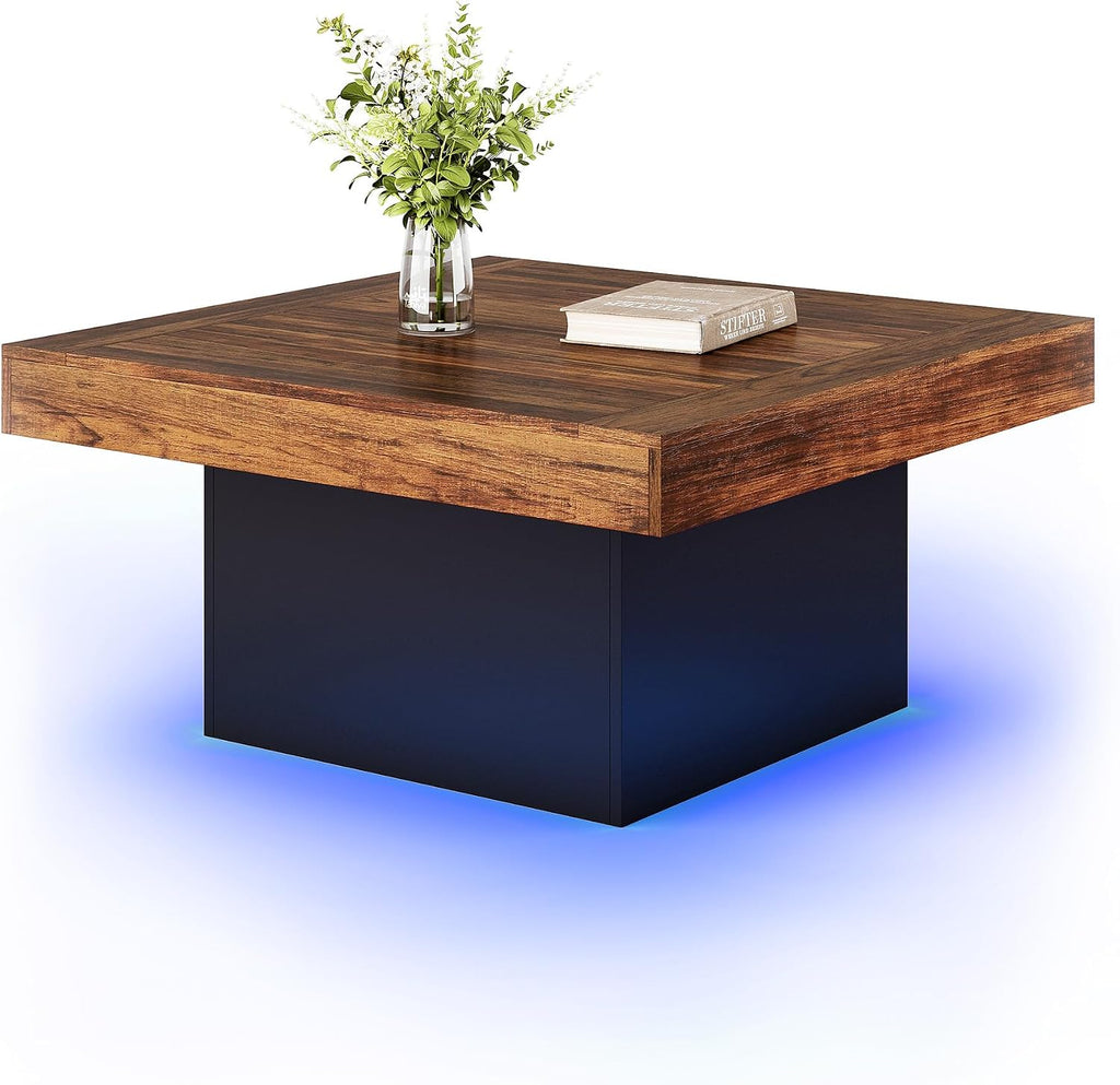 LITTLE TREE Square Coffee Table with LED Lights, 35-inch Living Room Tables, Modern Coffee Tables for Living Room, Brown and Black Wooden Center Table Cocktail Table for Home