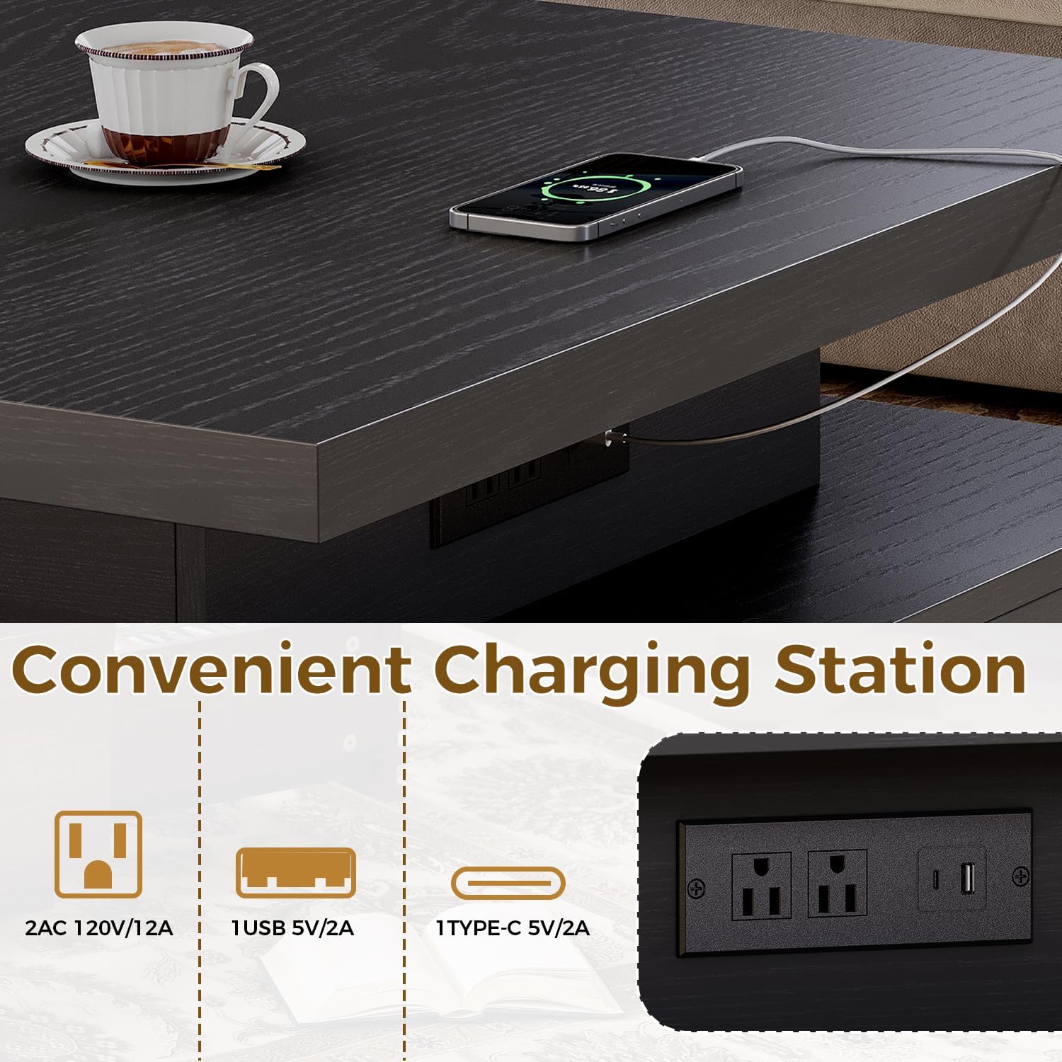 IRONCK Mid Century Modern Coffee Table with LED Lights & Charging Station, 4 Storage Drawers with Grille Design, Square Wood Coffee Table for Living Room Office, (Black)