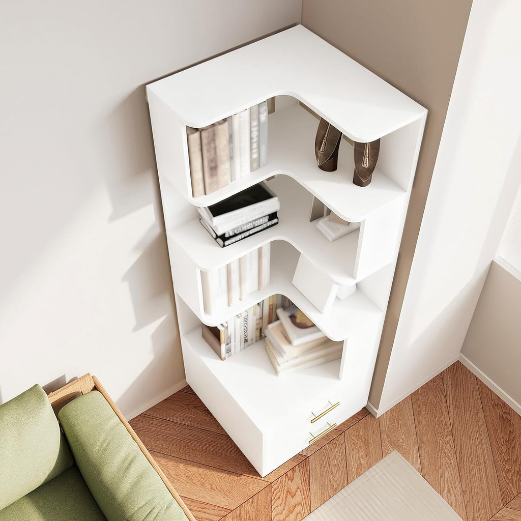 Corner Bookshelf with Drawers,66.9' L Shaped Tall Bookshelf and Bookcase,5 Tier Corner Bookcase with Storage Display Shelf Stand for Home Office, Study,Living Room, Bedroom (White-Corner Bookshelf)