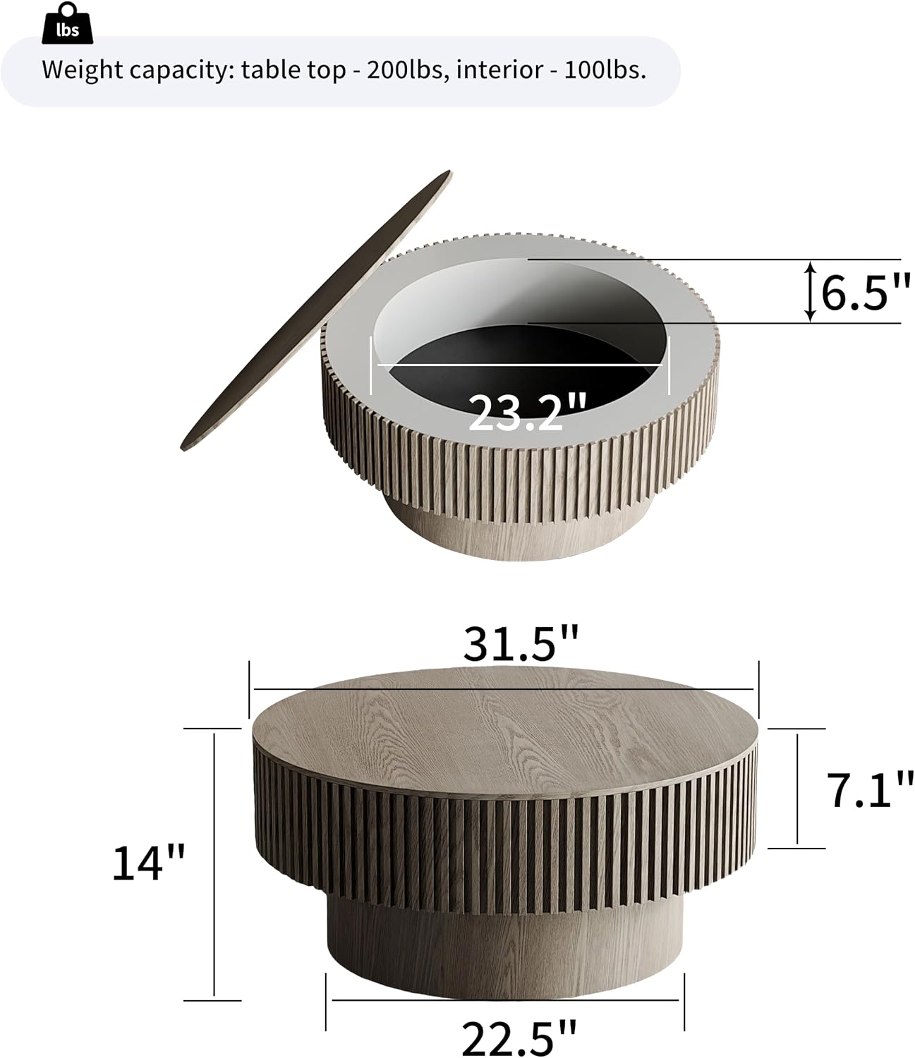 31.5'' Round Coffee Table Modern Wood Coffee Table with Storage Space for Living Room, Contemporary Circle Fluted Drum Pedestal Style, Easy Assembly, Gray (ø31.49'' x 14'')