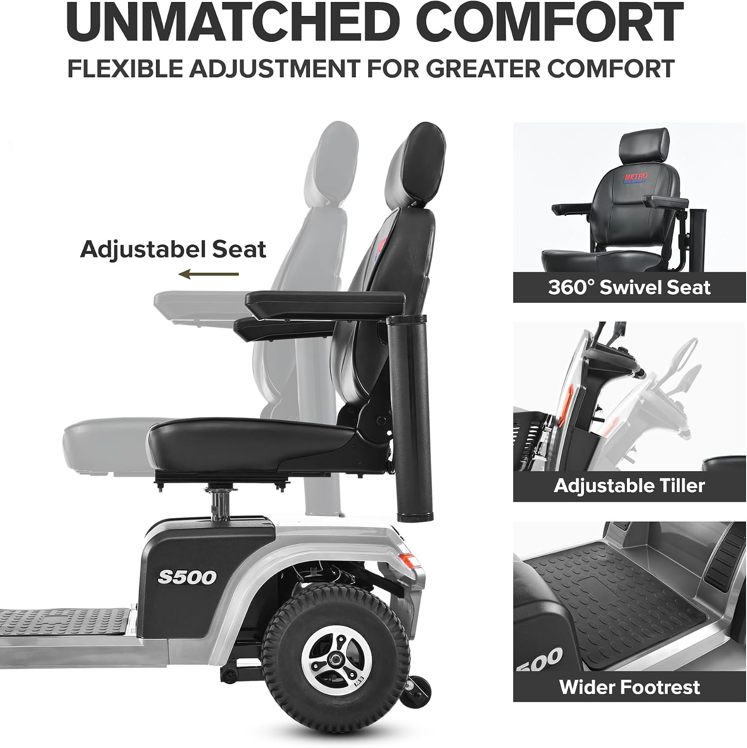 S500 4-Wheel Electric Mobility Scooter, Long-Range 52Ah Battery Up to 25 Miles, 500W Heavy-Duty Motor, 10' Pneumatic Tires, Adjustable Captain Seat, Storage Baskets for Seniors, Grey