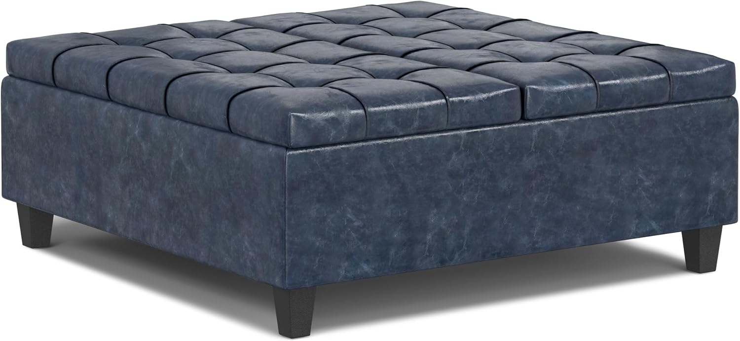 SIMPLIHOME Harrison Large Coffee Table Storage Ottoman - 40 inch Wide Upholstered Vegan Leather Square Lift-Top Ottoman in Denim Blue, Transitional Bench for Living Room with Sturdy Base