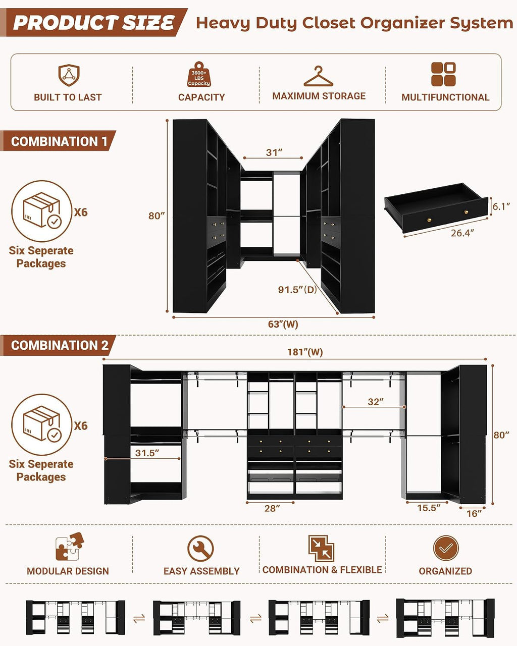 Besiost Closet System with 4 Drawers & Corner Tower, Closet Organizer System with 10 Hanging Robs, Reversible U Shaped Walk-in Closet System, Load 3600+LBS Capacity, Set of 4, Black