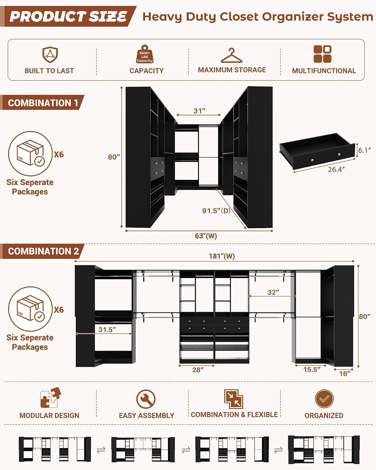 Besiost Closet System with 4 Drawers & Corner Tower, Closet Organizer System with 10 Hanging Robs, Reversible U Shaped Walk-in Closet System, Load 3600+LBS Capacity, Set of 4, Black