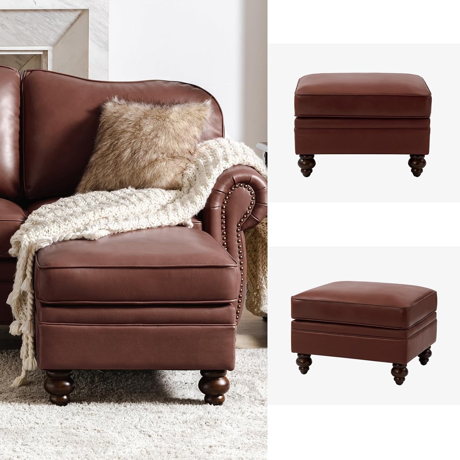 HULALA HOME Genuine Leather Ottoman Coffee Table, Ottoman Foot Rest for Living Room, Brown