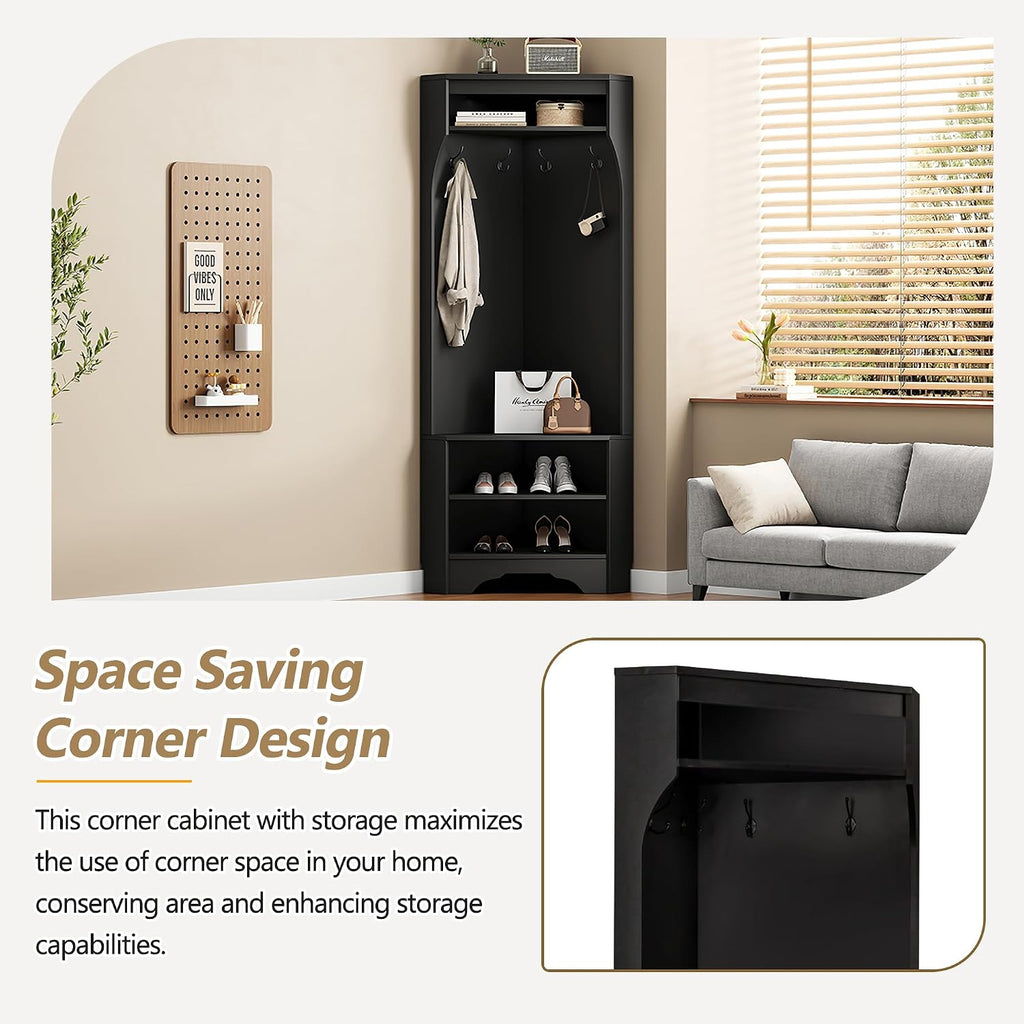 Corner Hall Tree, Versatile Wood Hall Tree with Shoe Bench & 4 Hooks, Modern Coat Rack Corner Cabinet with Adjustable Shelf for Hallway, Entryway, Bedroom,Living Room, Black