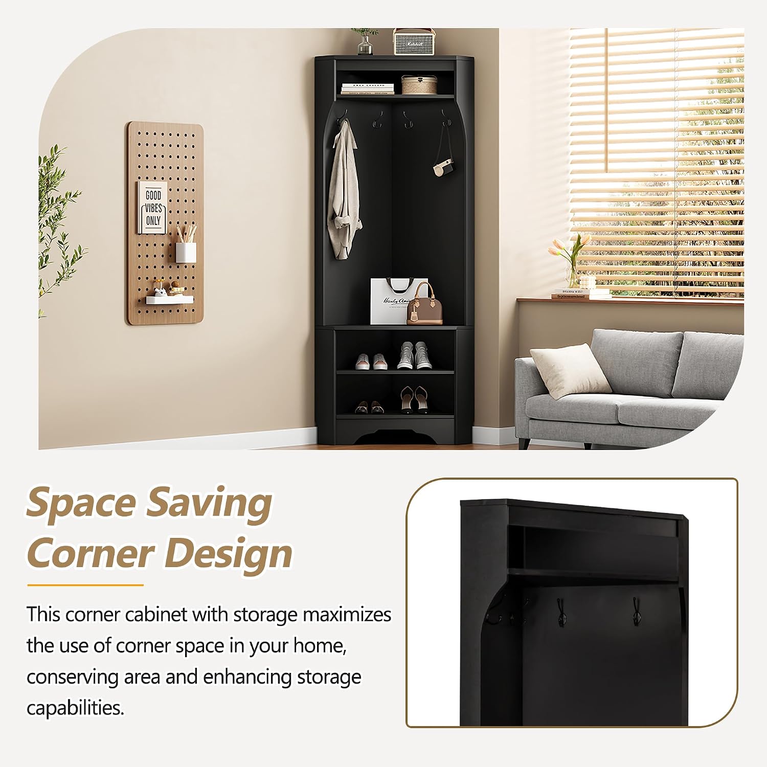 Corner Hall Tree, Versatile Wood Hall Tree with Shoe Bench & 4 Hooks, Modern Coat Rack Corner Cabinet with Adjustable Shelf for Hallway, Entryway, Bedroom,Living Room, Black