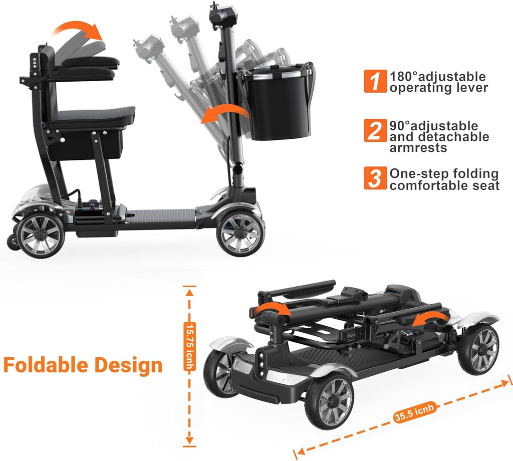 Mobility Scooter for Adults, 4 Wheel Motorized Mobility Scooter w/Portable Aluminium Frame, 350LBS Capacity & Lithium Battery, 15Miles Electric Powered Mobility for Outdoor (Silver, 15 MI)