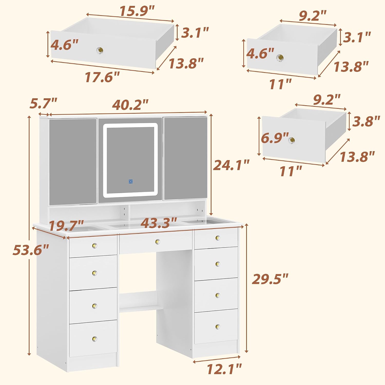 Timechee Vanity Mirror with Lights, Corner Vanity Desk with 9 Storage Drawers, 4 Large Shelves, 3 Color Lighting Options, Vanity Mirror Desk, Makeup Vanity Set for Bedroom,Glass Tabletop, White