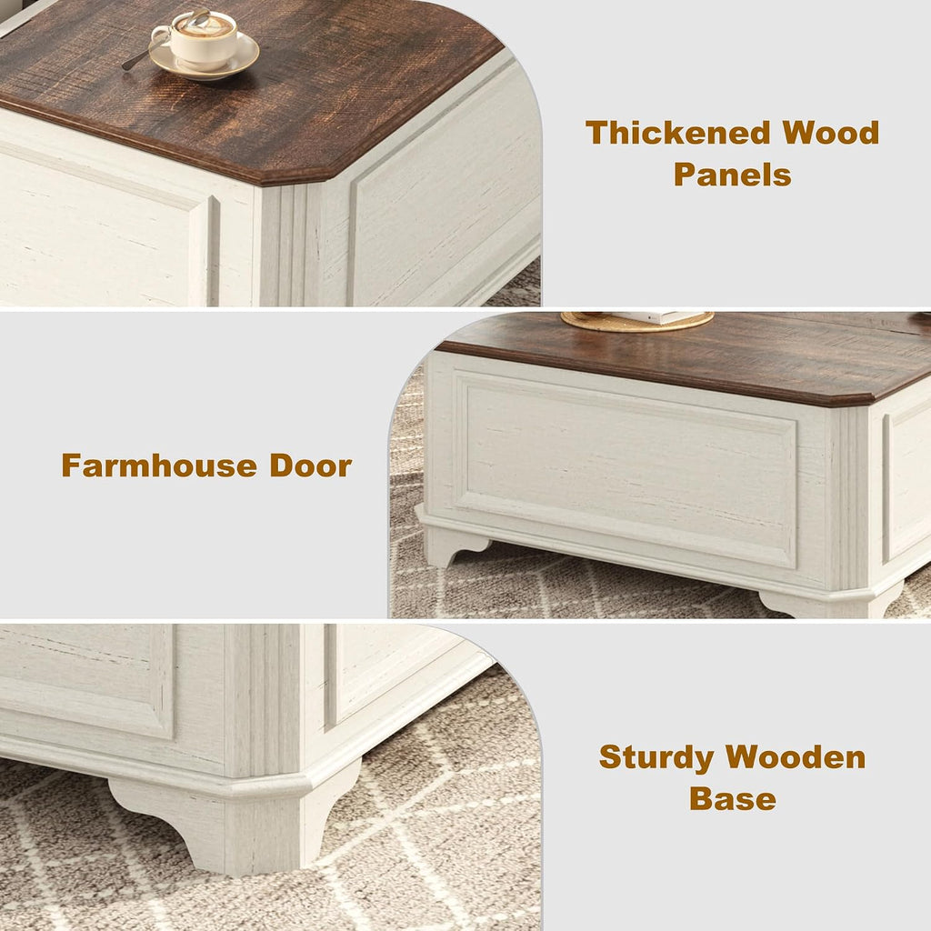 St.Mandyu 40 Inch Farmhouse Lift Top Coffee Table with Charging Station & Hidden Storage - Square Center Table with Lifting Top, Large Storage Cabinet for Living Room, Bedroom, Home Office, White