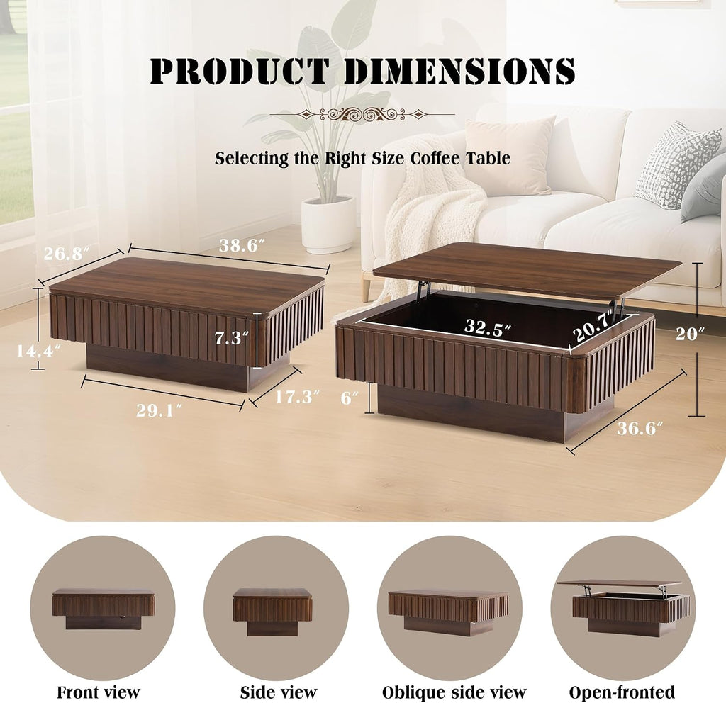 Grepatio Lift Top Coffee Table with Storage, 38' Fluted Coffee Table with RGB Led Lights, Wooden Center Tables with USB Power Outlet, Mid Century Table with Lifting Top for Living Room (Rectangle)