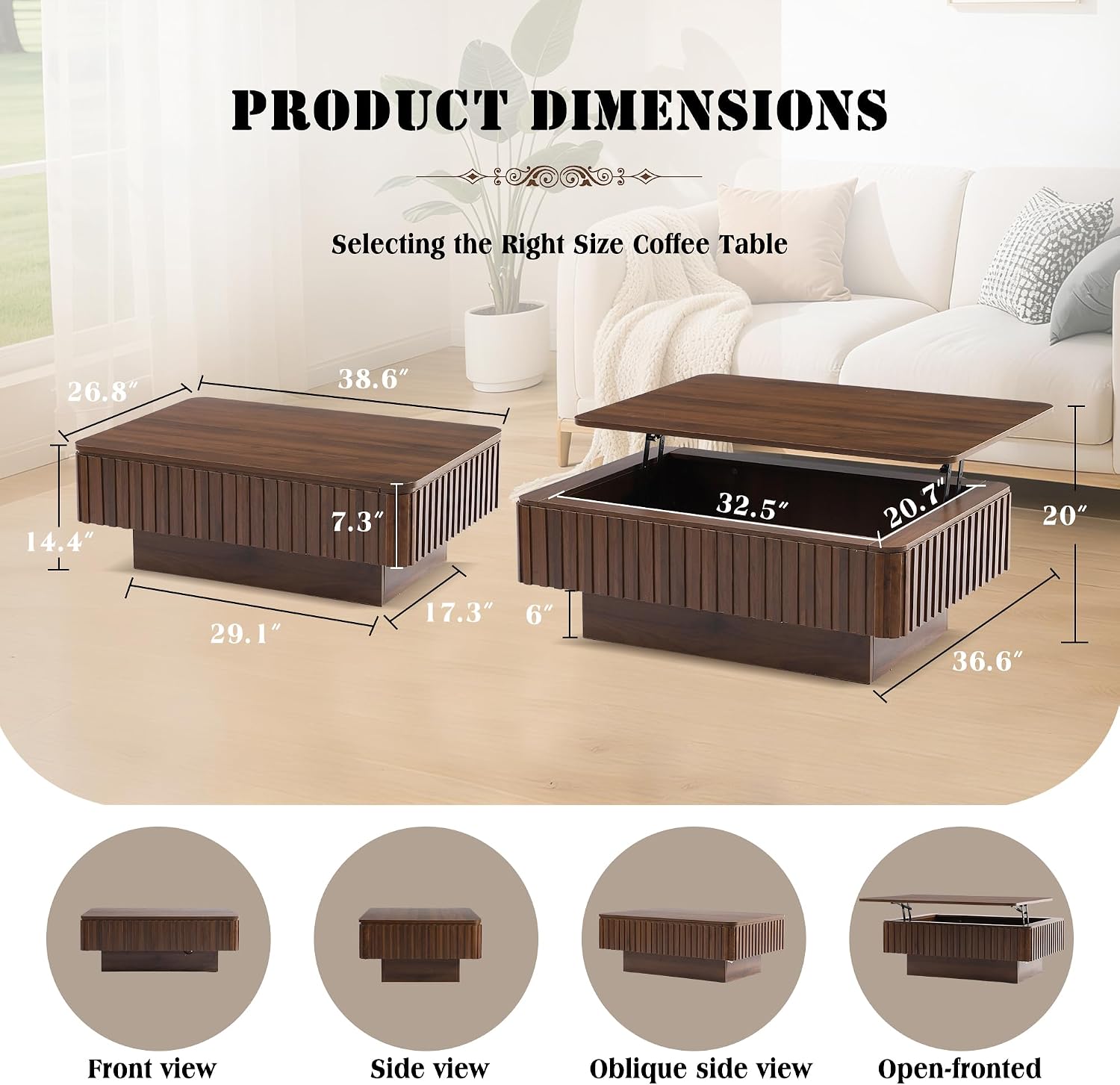 Grepatio Lift Top Coffee Table with Storage, 38' Fluted Coffee Table with RGB Led Lights, Wooden Center Tables with USB Power Outlet, Mid Century Table with Lifting Top for Living Room (Rectangle)