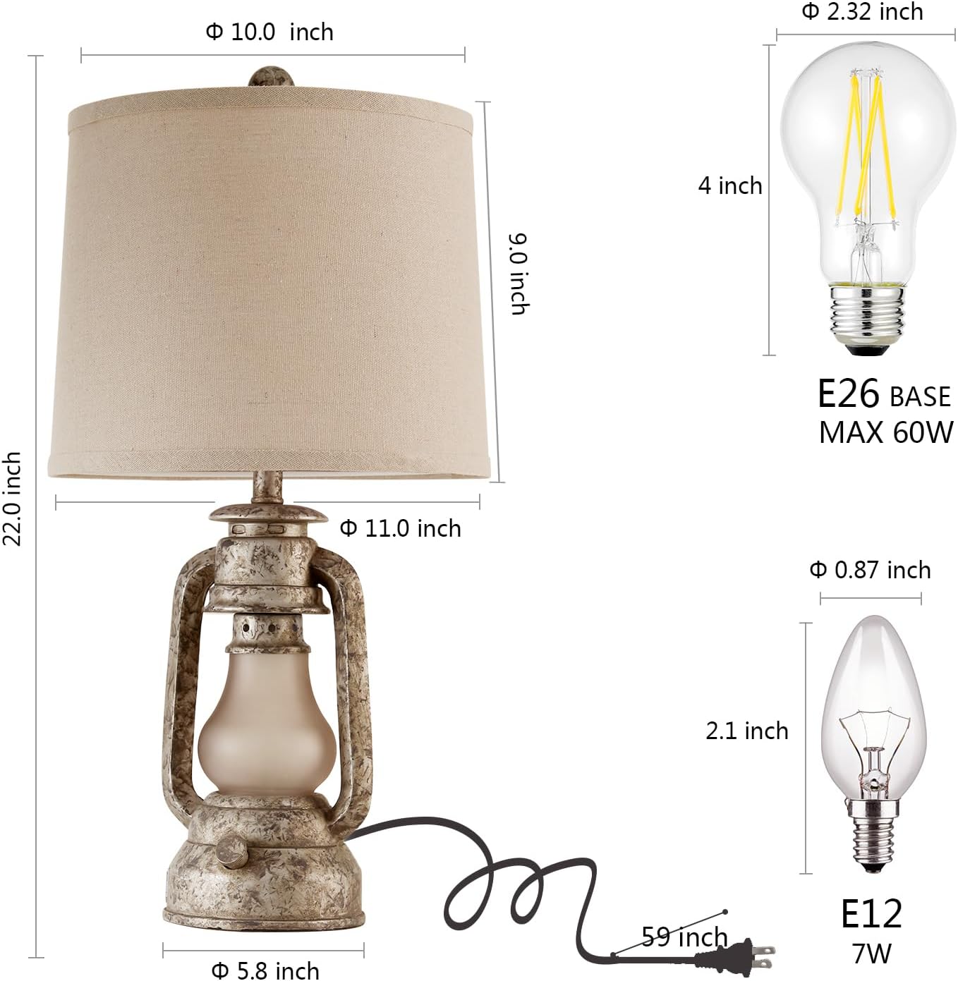 Farmhouse Rustic Table Lamps for Living Room Set of 2, Vintage Lantern Table Lamp with Dual USB Ports, Retro Nightstand Lamp for Bedroom Bedside, 4 Bulbs Included (Iron Gray)