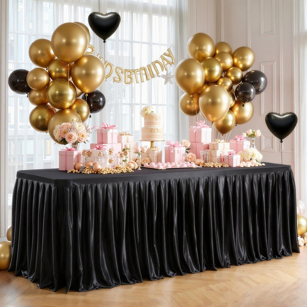 8 Pack 8ft Black Satin Tablecloths Rectangular - Shiny Spandex Party Table Cover with Pleated Table Skirt, No-Wrinkle & Glossy Wedding Tablecloth One-Piece for Birthday Baby Shower Banquet Ceremony