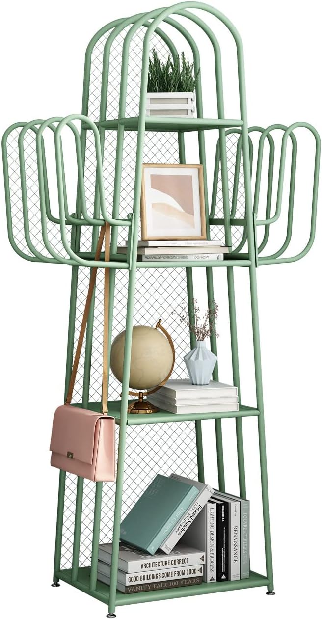 DOORXIF 4-Tier Ladder Green Bookshelves Freestanding, Cactus Bookcase Storage Organizer Closet Corner Metal Display Cabinet, Corner Bookshelf for Small Spaces, Green Bookcase for Bedroom Office