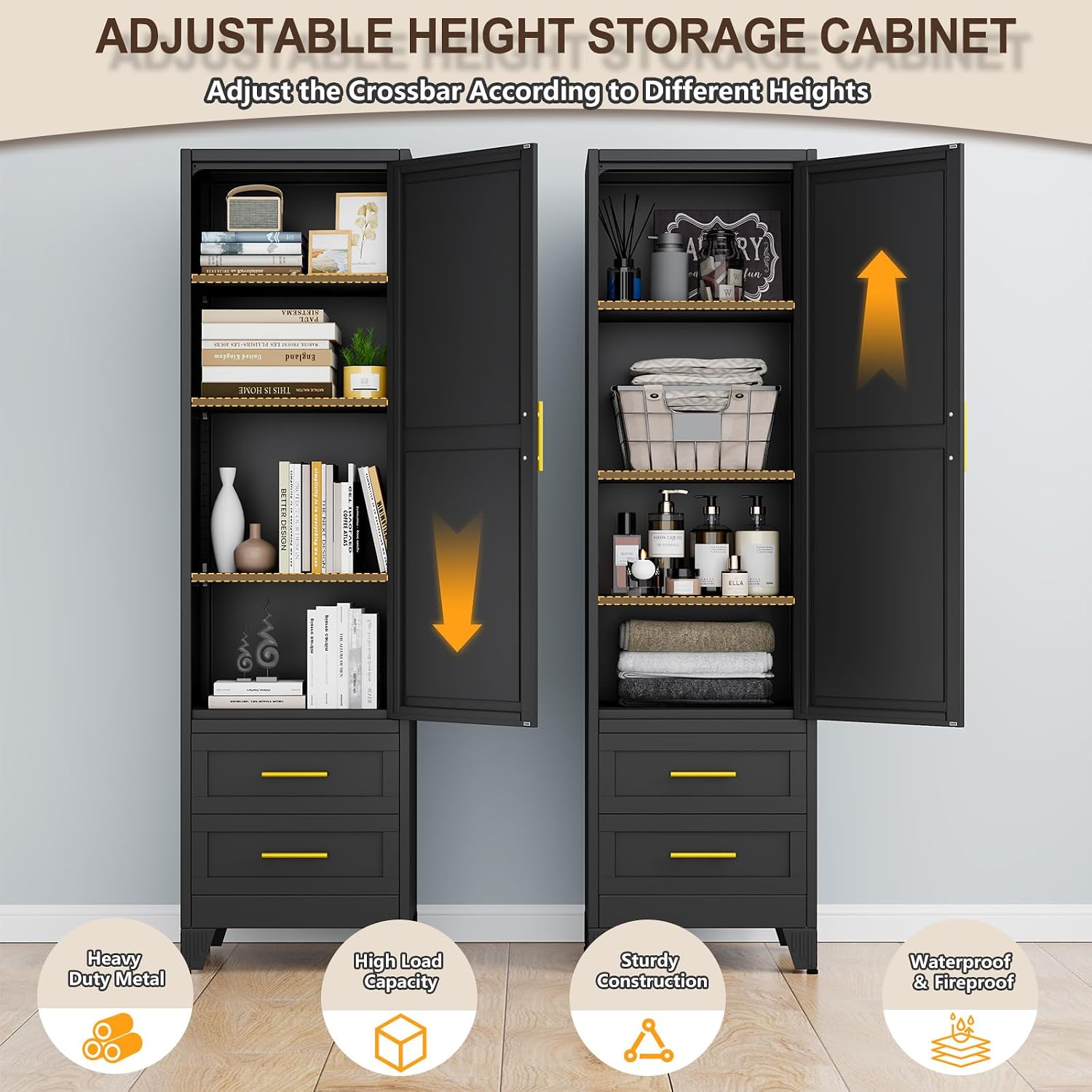 67' Tall Narrow Metal Storage Cabinet, Freestanding Pantry Organizer, Black | Slim Bathroom Cabinets with 2 Drawers & 3 Adjustable Shelves, Multi-Use Cupboard for Kitchen Office Living＆ Dining Room