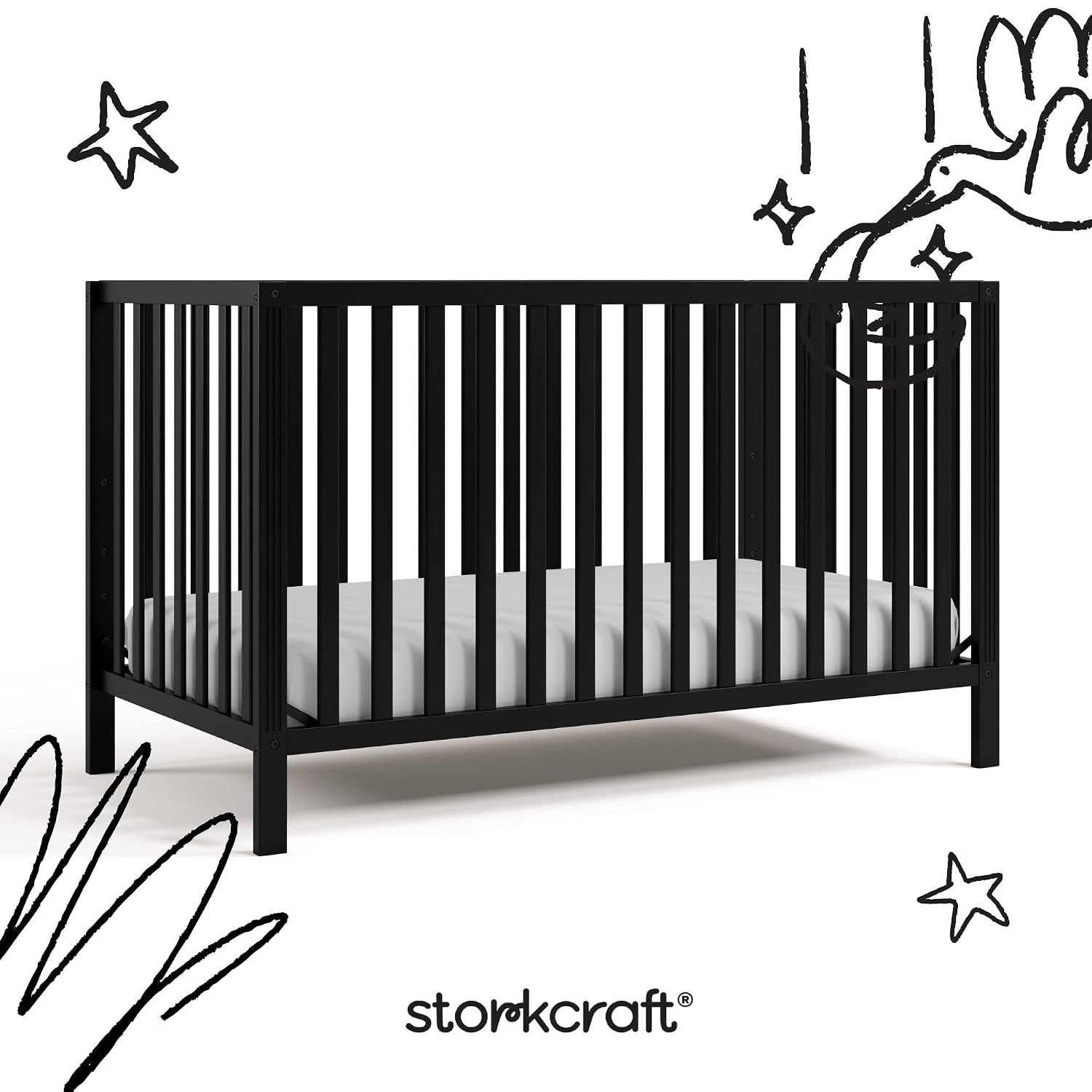 Storkcraft Morningside 5-in-1 Convertible Crib (Black) – GREENGUARD Gold Certified, Fits Standard Crib Mattress, Converts to Toddler Bed, Daybed and Full Bed, 4 Adjustable Mattress Heights