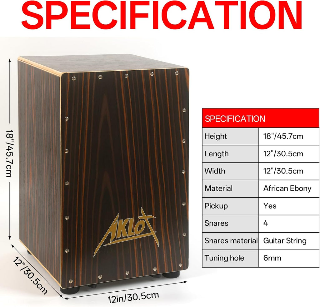 Electric Cajon,AKLOT Ebony African Blackwood 12 * 12 * 18 inch Box Drum Full Size Percussion Pickup Cajons with Snares and Electronics for Amp Above 50W