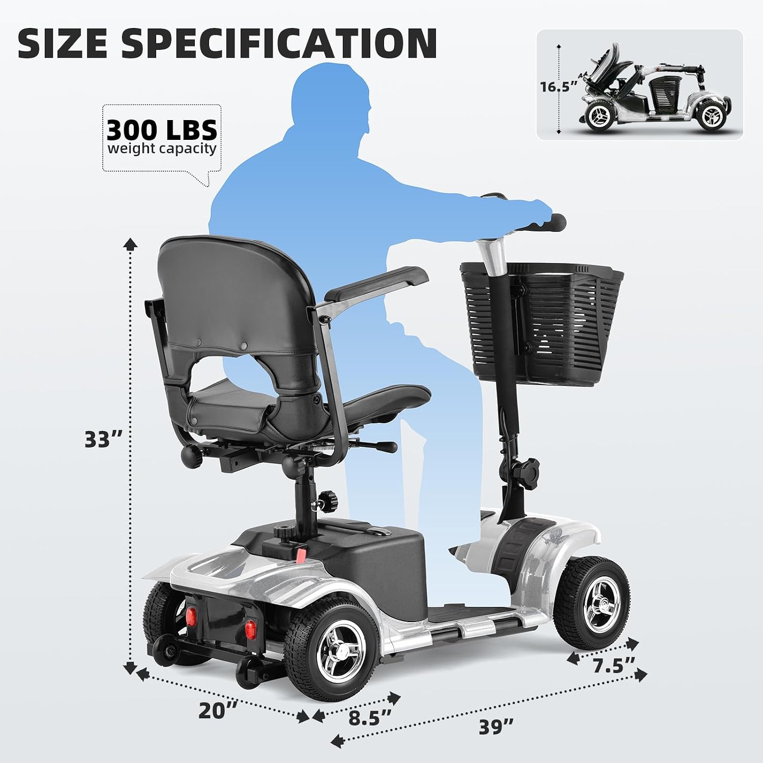 Mobility Scooters for Senior Adults, 15 Mile Electric Mobility Scooter with Detachable Battery, 4 Wheels Foldable Mobility Scooter with LED Headlights and USB Charging Port, 300 lbs Capacity (Silver)