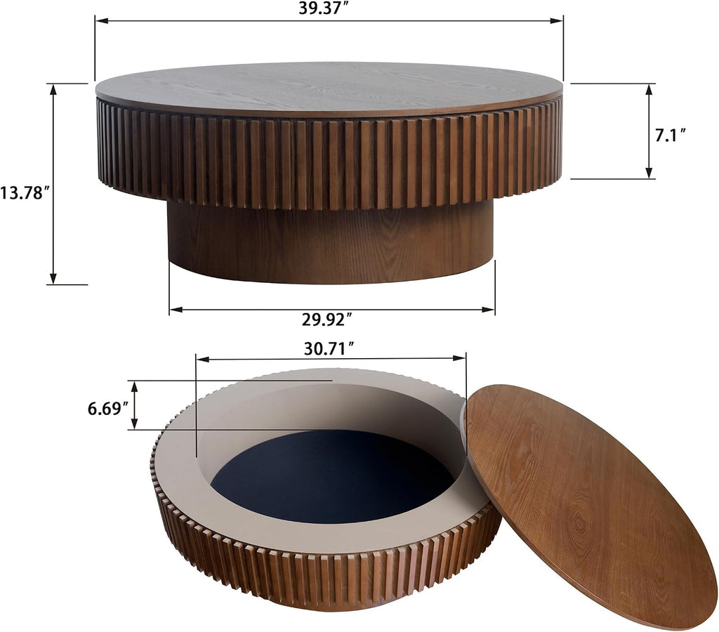 39.37'' Walnut Round Coffee Table Modern Wood Circle Fluted Drum Pedestal Coffee Table with Storage Space for Living Room, Easy Assembly, Walnut