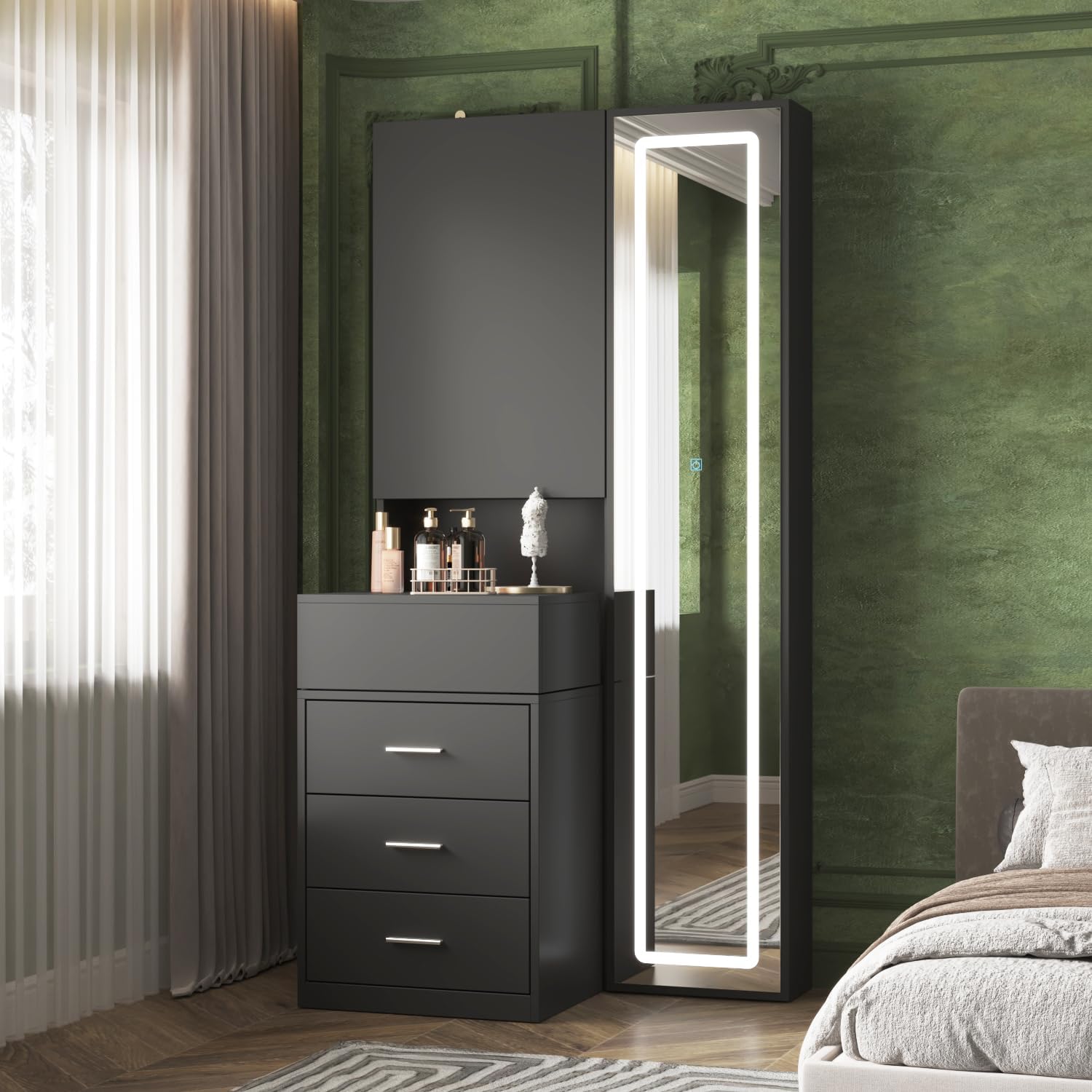 Vanity Desk with Mirror and Lights, Makeup Vanity with Drawers and Hidden Shelves, Full Length LED Mirror, Bedroom Dressing Table with Sliding Top, Grid Drawer, Black, 19.7'D x 31.5'W x 63'H