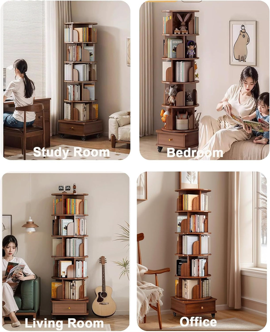 5 Tier Rotating Bookshelf with Cabinet On Wheel, 360° Display Spinning Corner Book Shelf Tower, Narrow Tall Bookshelves, Small Revolving Bookcase, Wooden Book Shelf Standing Storage Rack