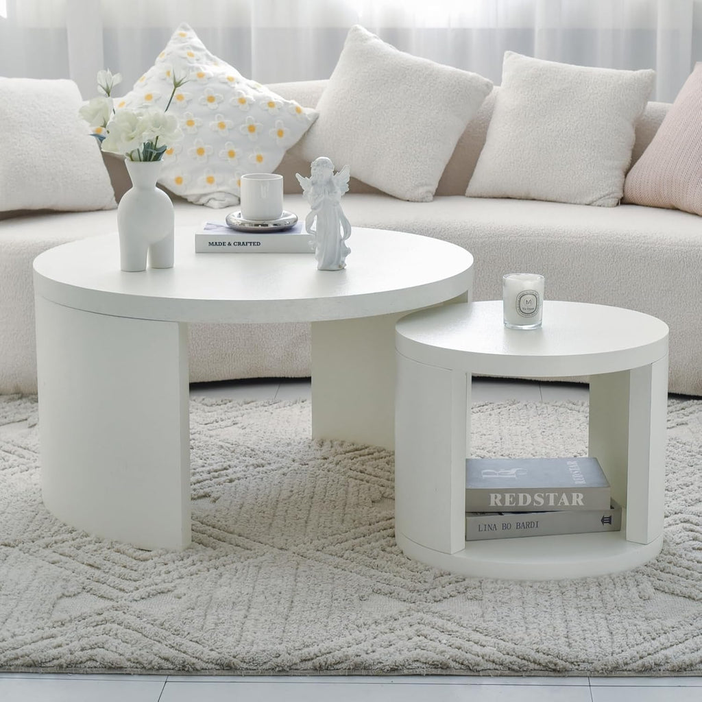 Round Coffee Table Set of 2, Nesting Coffee Tables with Storage, Living Room Table Set, Modern Wood Center Table for Living Room, Apartment, 31.5' & 18' Accent Table Set, Textured White