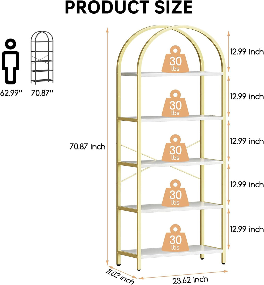 Takywep Bookshelf, Arched Bookcase with Metal Frame 5 Tiers Bookshelf Industrial Arched Cabinet Display Shelf Floorstanding Storage Shelving Unit for Bedroom Living Room Home Office, White and Gold